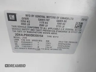 2013 Chevrolet Equinox LT with VIN 2GNALPEKXD6309154, listed as a IAAI auction lot 42074705 with 188,138 mi miles and . Bid and sale history available at DreamBid. Image 9.