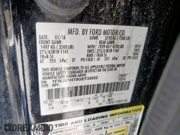 2016 Ford Expedition XLT с VIN 1FMJU1HT8GEF32022, выставлен на аукционе Copart как лот 59283665 с пробегом 118 782 миль миль и Списание • Salvage title. История ставок и продаж доступна на DreamBid. Изображение 13.