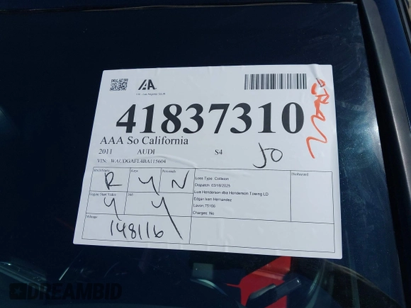 2011 Audi S4 Premium Plus with VIN WAUDGAFL4BA115604, listed as a IAAI auction lot 41837310 with 148,116 mi miles. Bid and sale history available at carsss.com. Image 17.