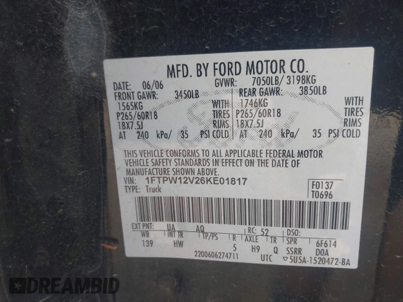 2006 Ford F-150 XLT z VIN 1FTPW12V26KE01817, wystawiony jako IAAI lot #42097540 z przebiegiem 163 440 mil mil oraz . Historia ofert i sprzedaży dostępna na DreamBid. Obrazek 9.