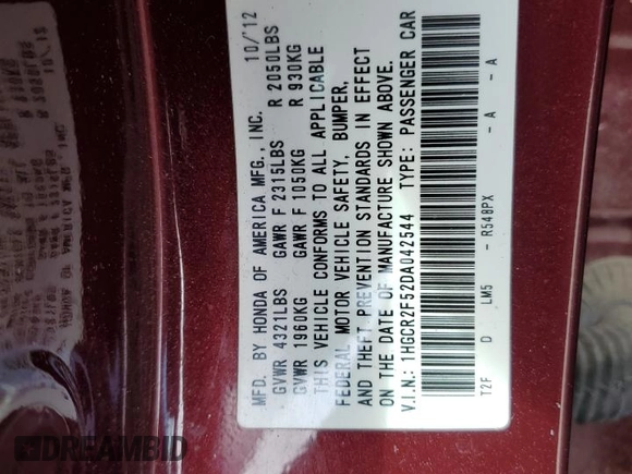 2013 Honda Accord Sport with VIN 1HGCR2F52DA042544, listed as a Copart auction lot 49761335 with 104,193 mi miles and Clean Title. Bid and sale history available at DreamBid. Image 12.