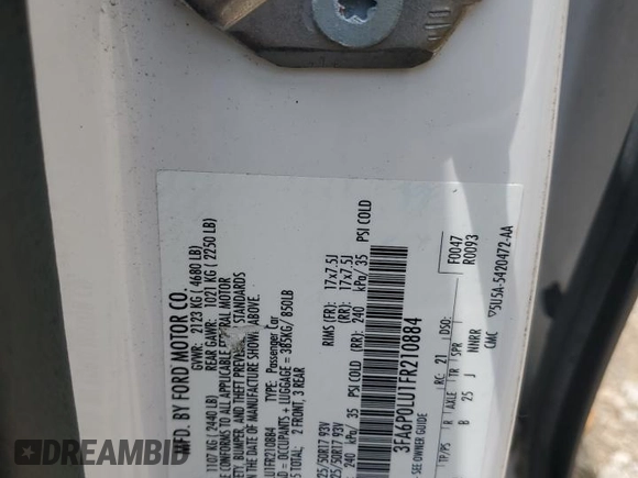 2015 Ford Fusion SE Hybrid with VIN 3FA6P0LU1FR210884, listed as a Copart auction lot 60035595 with 125,798 mi miles and Salvage title. Bid and sale history available at DreamBid. Image 12.