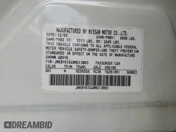 2008 Infiniti G35 with VIN JNKBV61E48M213883, listed as a Copart auction lot 66284514 with Not Provided miles and Salvage Title. Bid and sale history available at DreamBid. Image 12.