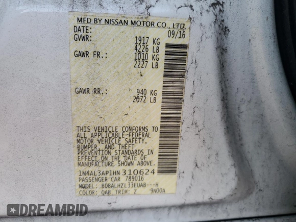2017 Nissan Altima SR with VIN 1N4AL3AP1HN310624, listed as a Copart auction lot 76910264 with 90,797 mi miles and Salvage Title. Bid and sale history available at DreamBid. Image 14.