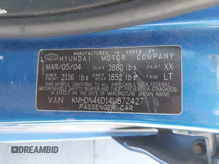 2004 Hyundai Elantra GLS z VIN KMHDN46D14U872427, wystawiony jako IAAI lot #42324636 z przebiegiem 214 234 mil mil oraz . Historia ofert i sprzedaży dostępna na DreamBid. Obrazek 9.