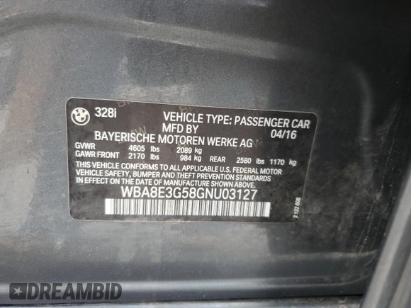 2016 BMW 3 Series 328i xDrive with VIN WBA8E3G58GNU03127, listed as a Copart auction lot 56256355 with 121,543 mi miles and Salvage title. Bid and sale history available at DreamBid. Image 12.
