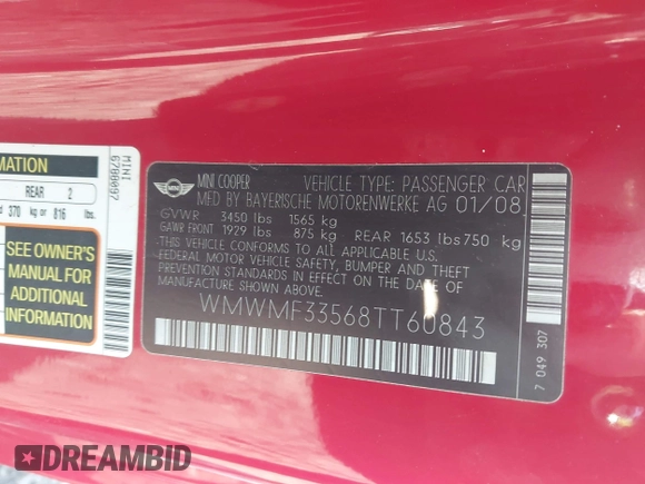 2008 MINI Hardtop with VIN WMWMF33568TT60843, listed as a IAAI auction lot 41948286 with Not Provided miles and . Bid and sale history available at DreamBid. Image 9.