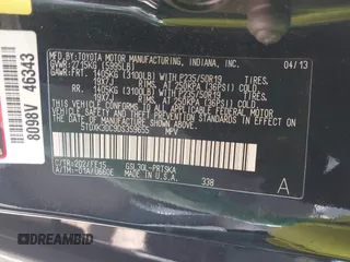 2013 Toyota Sienna SE with VIN 5TDXK3DC9DS359655, listed as a IAAI auction lot 42078705 with 159,101 mi miles and . Bid and sale history available at DreamBid. Image 9.