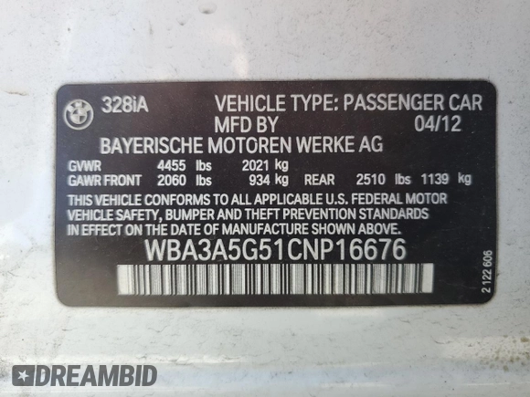 2012 BMW 3 Series 328i with VIN WBA3A5G51CNP16676, listed as a Copart auction lot 58172565 with 146,508 mi miles and Salvage title. Bid and sale history available at DreamBid. Image 13.