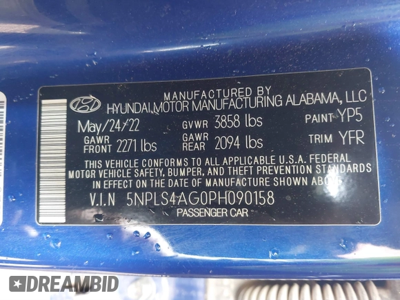 2023 Hyundai Elantra SEL with VIN 5NPLS4AG0PH090158, listed as a IAAI auction lot 41798064 with 46,954 mi miles and . Bid and sale history available at DreamBid. Image 9.