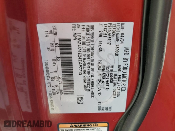 2004 Ford Explorer Eddie Bauer with VIN 1FMZU74E24ZA97712, listed as a Copart auction lot 70296244 with Not provided miles and Salvage title. Bid and sale history available at DreamBid. Image 13.