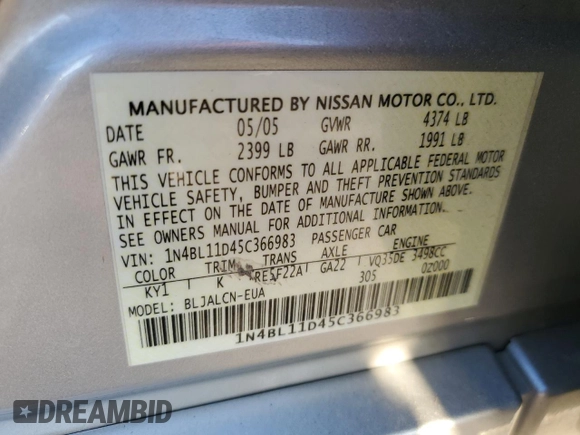 2005 Nissan Altima SL z VIN 1N4BL11D45C366983, wystawiony jako Copart lot #89256305 z przebiegiem 151 758 mil mil oraz Szkoda całkowita • Salvage title. Historia ofert i sprzedaży dostępna na DreamBid. Obrazek 13.