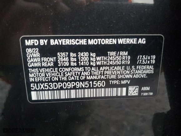 2023 BMW X3 xDrive30i with VIN 5UX53DP09P9N51560, listed as a Copart auction lot 83436244 with 0 mi miles and Salvage Title. Bid and sale history available at carsss.com. Image 15.