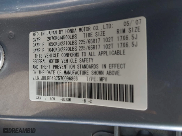 2007 Honda CR-V EX-L with VIN JHLRE48757C096866, listed as a IAAI auction lot 40741312 with 120,049 mi miles. Bid and sale history available at carsss.com. Image 9.