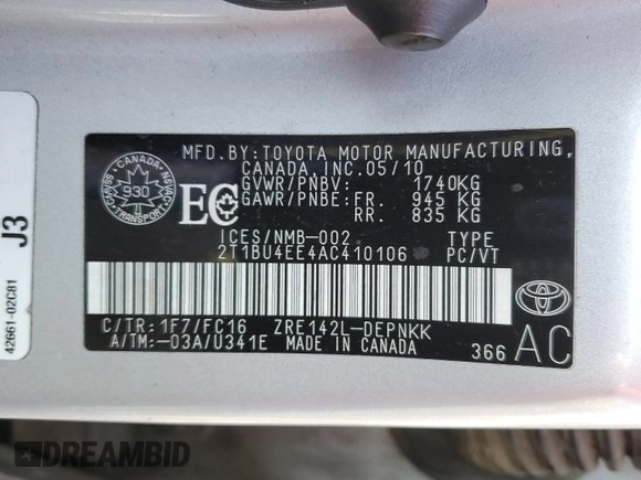 2010 Toyota Corolla with VIN 2T1BU4EE4AC410106, listed as a Copart auction lot 48900225 with 195,239 mi miles and Salvage Title. Bid and sale history available at carsss.com. Image 12.