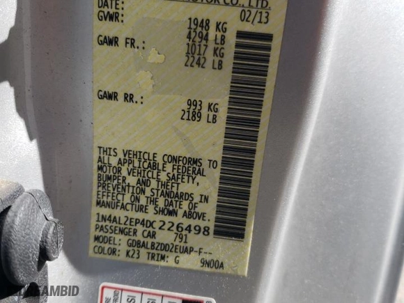 2013 Nissan Altima 2.5 S with VIN 1N4AL2EP4DC226498, listed as a Copart auction lot 49983415 with 97,613 mi miles and Salvage Title. Bid and sale history available at carsss.com. Image 12.