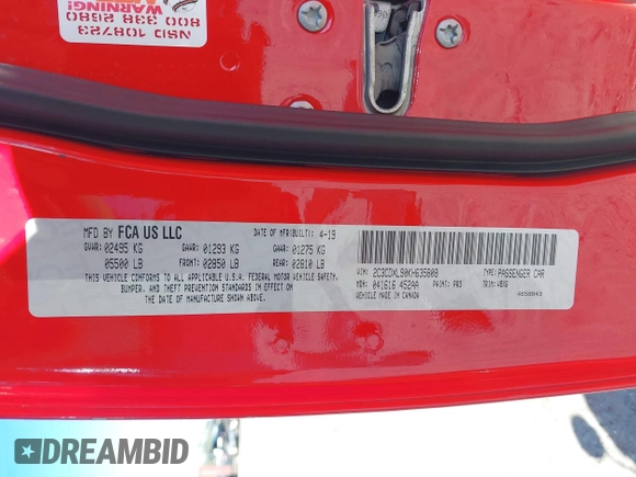 2019 Dodge Charger SRT Hellcat with VIN 2C3CDXL90KH635808, listed as a IAAI auction lot 41679587 with 43,940 mi miles and . Bid and sale history available at DreamBid. Image 9.