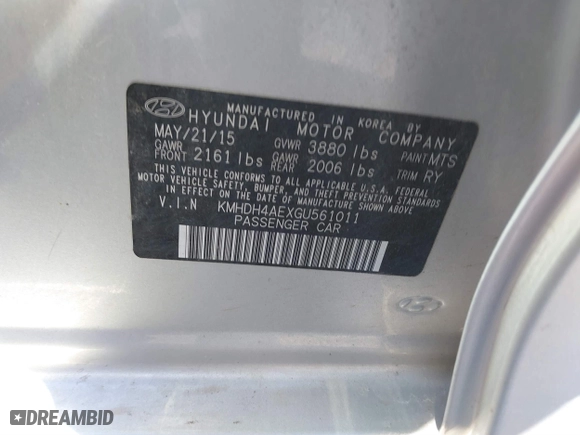 2016 Hyundai Elantra SE with VIN KMHDH4AEXGU561011, listed as a IAAI auction lot 40651213 with 112,960 mi miles. Bid and sale history available at carsss.com. Image 9.