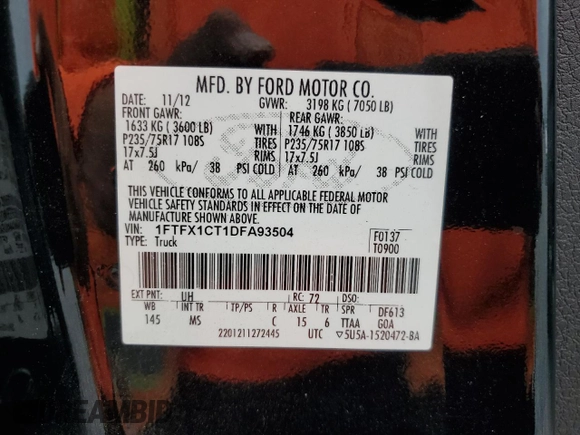 2013 Ford F-150 XL z VIN 1FTFX1CT1DFA93504, wystawiony jako Copart lot #59713015 z przebiegiem 128 824 mil mil oraz Szkoda całkowita • Salvage title. Historia ofert i sprzedaży dostępna na DreamBid. Obrazek 12.