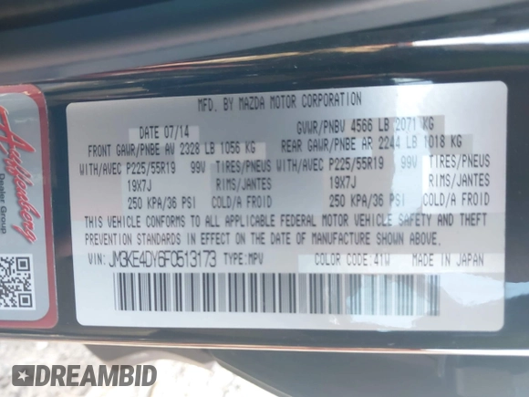 2015 Mazda CX-5 Grand Touring with VIN JM3KE4DY6F0513173, listed as a IAAI auction lot 41867030 with 93,770 mi miles. Bid and sale history available at carsss.com. Image 9.