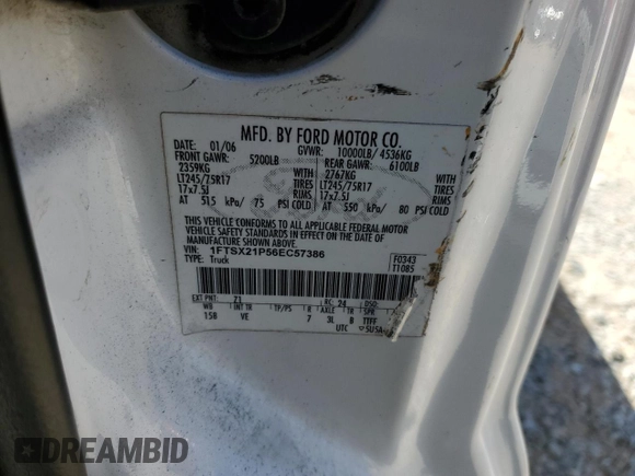 2006 Ford F-250 XL with VIN 1FTSX21P56EC57386, listed as a Copart auction lot 48667325 with 172,931 mi miles and Salvage title. Bid and sale history available at DreamBid. Image 12.