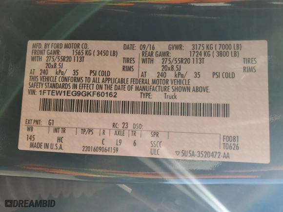 2016 Ford F-150 XLT with VIN 1FTEW1EG9GKF60162, listed as a Copart auction lot 46482285 with 122,263 mi miles and Salvage Title. Bid and sale history available at carsss.com. Image 15.