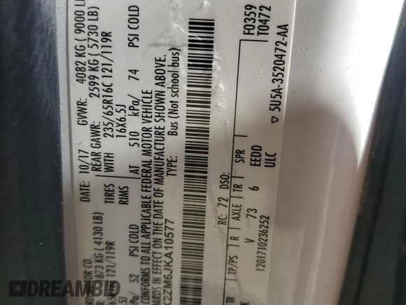 2018 Ford Transit Passenger XL с VIN 1FBZX2ZM6JKA10577, выставлен на аукционе Copart как лот 41440605 с пробегом 195 150 миль миль и На запчасти • Non repairable. История ставок и продаж доступна на DreamBid. Изображение 14.