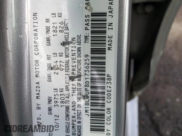 2013 Mazda Mazda3 i Sport with VIN JM1BL1UP8D1736259, listed as a Copart auction lot 52113635 with 89,208 mi miles and Salvage Title. Bid and sale history available at carsss.com. Image 12.