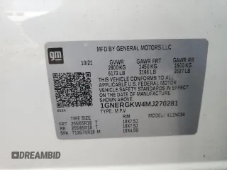 2021 Chevrolet Traverse LT Cloth with VIN 1GNERGKW4MJ270281, listed as a Copart auction lot 54137415 with 43,793 mi miles and Non repairable. Bid and sale history available at DreamBid. Image 13.