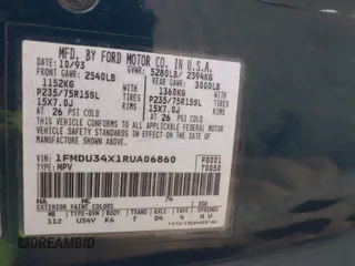 1994 Ford Explorer Eddie Bauer z VIN 1FMDU34X1RUA06860, wystawiony jako IAAI lot #42218488 z przebiegiem 68 682 mil mil oraz . Historia ofert i sprzedaży dostępna na DreamBid. Obrazek 9.