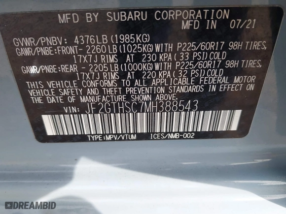 2021 Subaru Crosstrek Sport with VIN JF2GTHSC7MH388543, listed as a IAAI auction lot 41684915 with 26,039 mi miles. Bid and sale history available at carsss.com. Image 9.