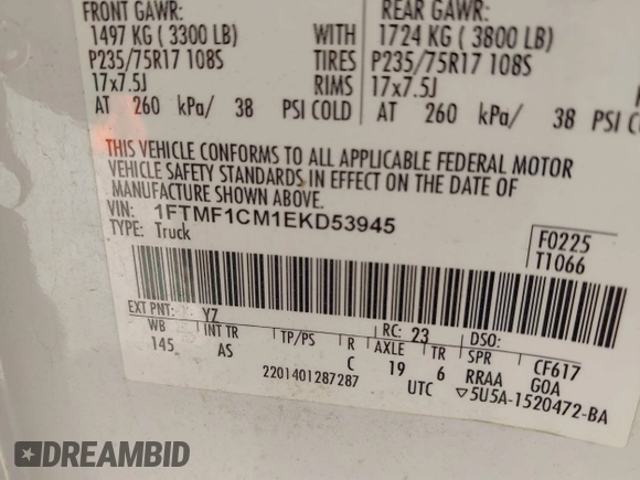 2014 Ford F-150 XL with VIN 1FTMF1CM1EKD53945, listed as a IAAI auction lot 41889789 with 296,163 mi miles and . Bid and sale history available at DreamBid. Image 9.