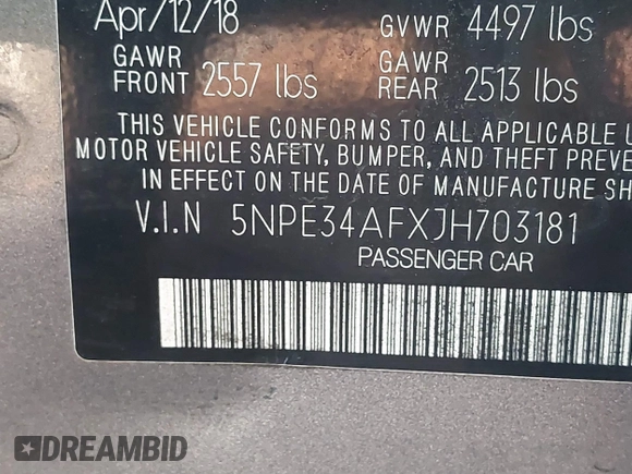 2018 Hyundai Sonata SEL with VIN 5NPE34AFXJH703181, listed as a IAAI auction lot 41100942 with 70,879 mi miles and . Bid and sale history available at DreamBid. Image 9.