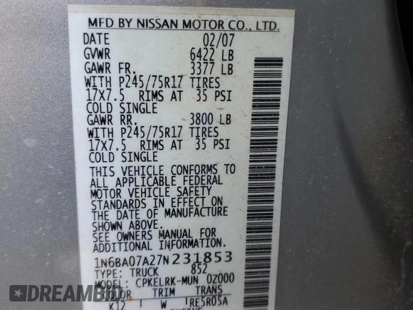 2007 Nissan Titan SE with VIN 1N6BA07A27N231853, listed as a Copart auction lot 85863044 with 216,243 mi miles and Salvage title. Bid and sale history available at DreamBid. Image 13.