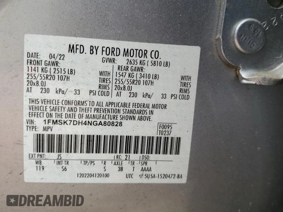 2022 Ford Explorer XLT z VIN 1FMSK7DH4NGA80828, wystawiony jako Copart lot #51954795 z przebiegiem 77 651 mil mil oraz Szkoda całkowita • Salvage title. Historia ofert i sprzedaży dostępna na DreamBid. Obrazek 14.