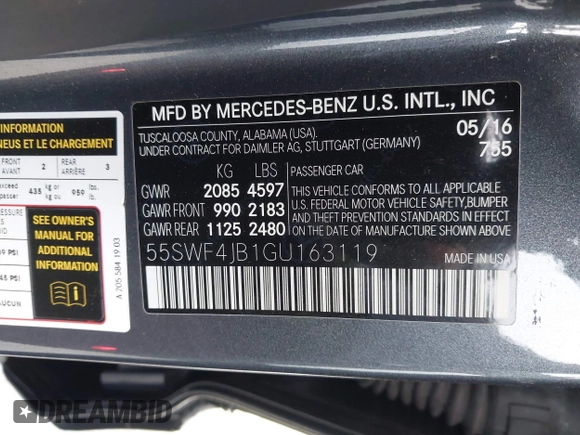 2016 Mercedes-Benz C 300 with VIN 55SWF4JB1GU163119, listed as a IAAI auction lot 42279667 with 114,923 mi miles and . Bid and sale history available at DreamBid. Image 9.