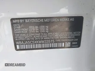 2019 BMW 5 Series 530i with VIN WBAJA5C5XKWW33575, listed as a IAAI auction lot 42217081 with 55,379 mi miles and . Bid and sale history available at DreamBid. Image 9.