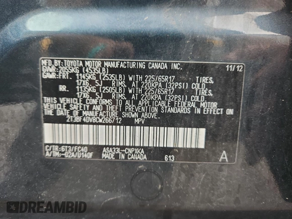 2012 Toyota RAV4 with VIN 2T3BF4DV8CW266712, listed as a Copart auction lot 63048325 with 145,014 mi miles and Salvage title. Bid and sale history available at DreamBid. Image 13.