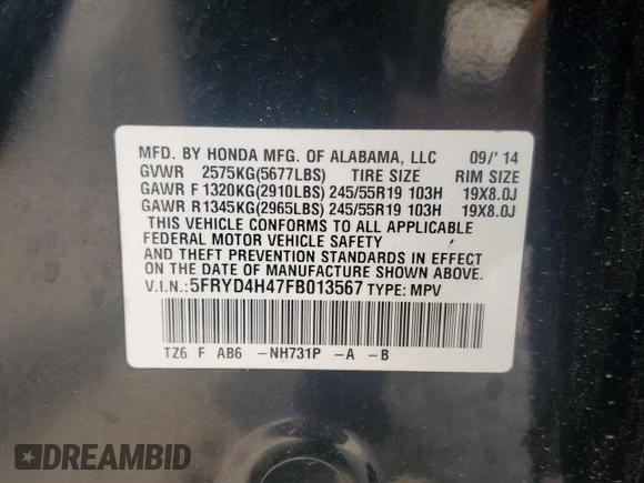2015 Acura MDX Technology with VIN 5FRYD4H47FB013567, listed as a Copart auction lot 59262595 with 63,916 mi miles and Salvage title. Bid and sale history available at DreamBid. Image 13.