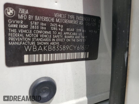 2009 BMW 7 Series 750Li с VIN WBAKB83589CY61637, выставлен на аукционе Copart как лот 58083255 с пробегом 120 594 миль миль и Чистый • Clean title. История ставок и продаж доступна на DreamBid. Изображение 12.