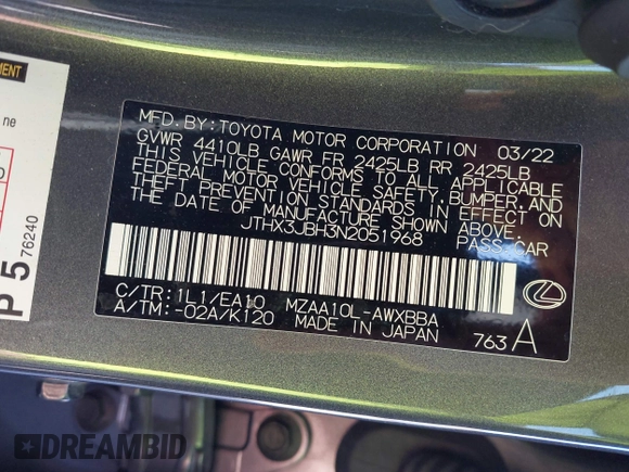 2022 Lexus UX 200 с VIN JTHX3JBH3N2051968, выставлен на аукционе IAAI как лот 41965962 с пробегом 12 722 миль миль и . История ставок и продаж доступна на DreamBid. Изображение 9.