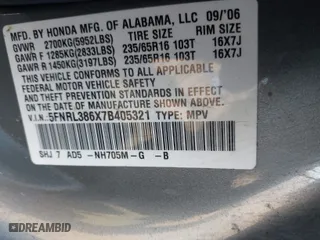 2007 Honda Odyssey EX-L with VIN 5FNRL386X7B405321, listed as a IAAI auction lot 41703384 with 198,552 mi miles. Bid and sale history available at carsss.com. Image 9.