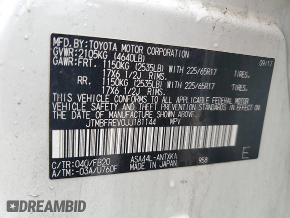 2018 Toyota RAV4 LE с VIN JTMBFREV0JJ181144, выставлен на аукционе Copart как лот 57117405 с пробегом 177 136 миль миль и Списание • Salvage title. История ставок и продаж доступна на DreamBid. Изображение 12.