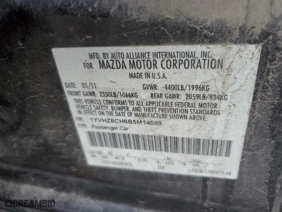 2011 Mazda Mazda6 i Touring with VIN 1YVHZ8CH6B5M14599, listed as a Copart auction lot 86795684 with 140,722 mi miles and Salvage Title. Bid and sale history available at carsss.com. Image 12.