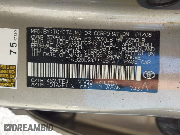 2008 Toyota Prius with VIN JTDKB20U983372576, listed as a IAAI auction lot 41533967 with 1 mi miles. Bid and sale history available at carsss.com. Image 9.