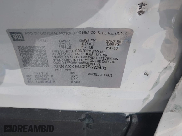 2024 Chevrolet Equinox LT z VIN 3GNAXKEG3RS232431, wystawiony jako IAAI lot #42021525 z przebiegiem 8 090 mil mil oraz . Historia ofert i sprzedaży dostępna na DreamBid. Obrazek 9.