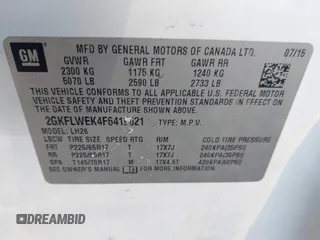 2015 GMC Terrain SLE with VIN 2GKFLWEK4F6419021, listed as a IAAI auction lot 41397979 with 161,819 mi miles and . Bid and sale history available at carsss.com. Image 9.