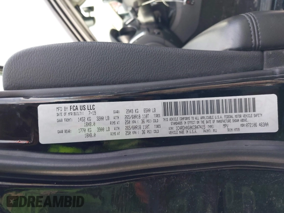 2019 Dodge Durango SXT Plus with VIN 1C4RDHAG0KC847415, listed as a IAAI auction lot 41084669 with 114,469 mi miles and . Bid and sale history available at DreamBid. Image 8.