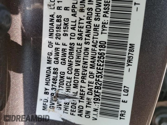 2014 Honda Civic LX z VIN 19XFB2F5XEE256180, wystawiony jako Copart lot #59629615 z przebiegiem 115 889 mil mil oraz Szkoda całkowita • Salvage title. Historia ofert i sprzedaży dostępna na DreamBid. Obrazek 12.