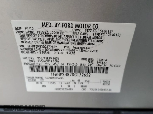 2013 Ford Taurus SEL with VIN 1FAHP2H82DG172652, listed as a Copart auction lot 53317545 with 138,496 mi miles and Clean Title. Bid and sale history available at DreamBid. Image 12.